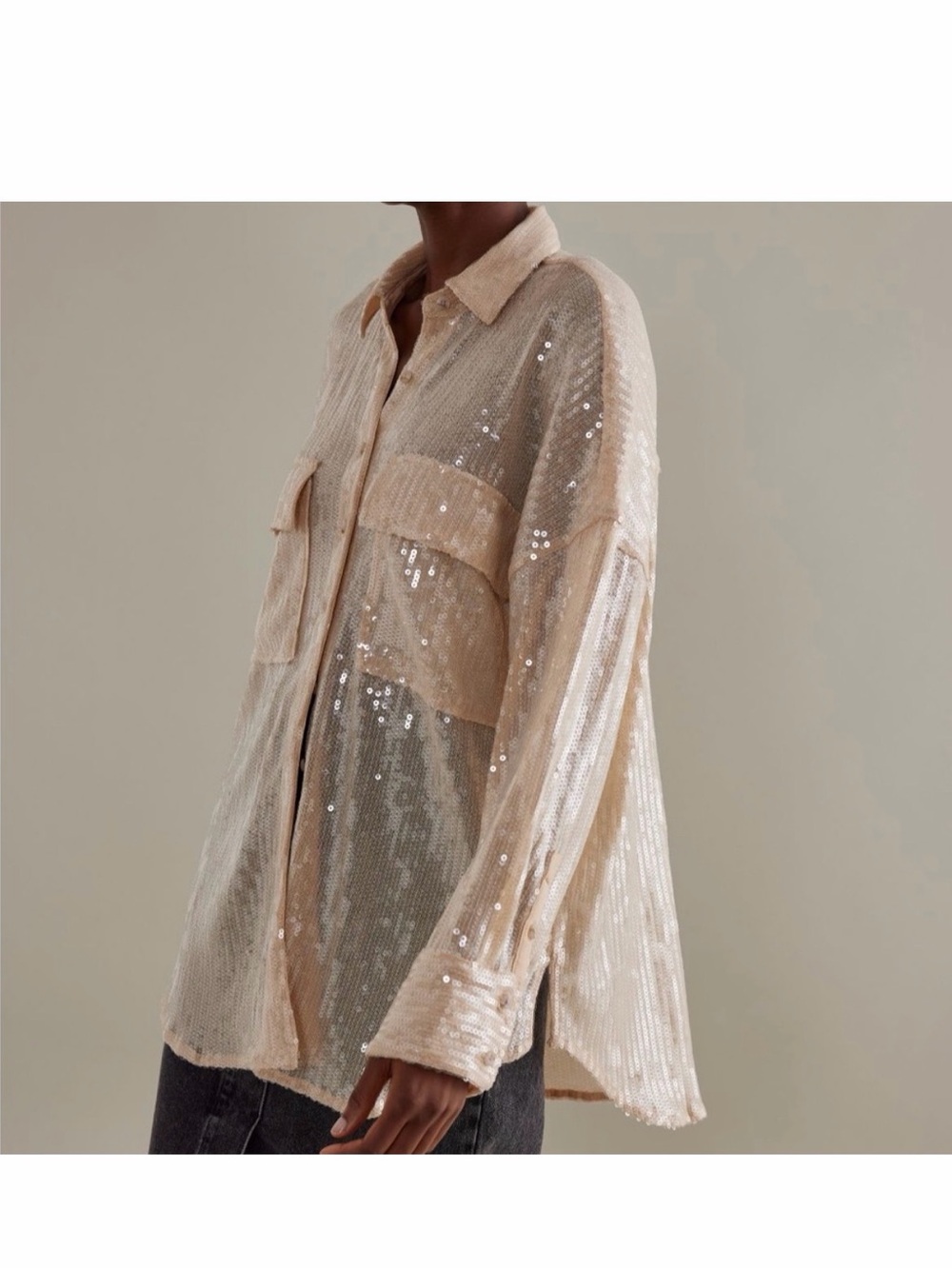 Le Lis rat&boa inspired beige tan nude sequin Button-Up Shirt